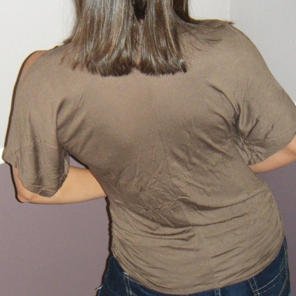 Cold Shoulder Cutout Dolman Drape Top Brown Y2K - Picture 3 of 5